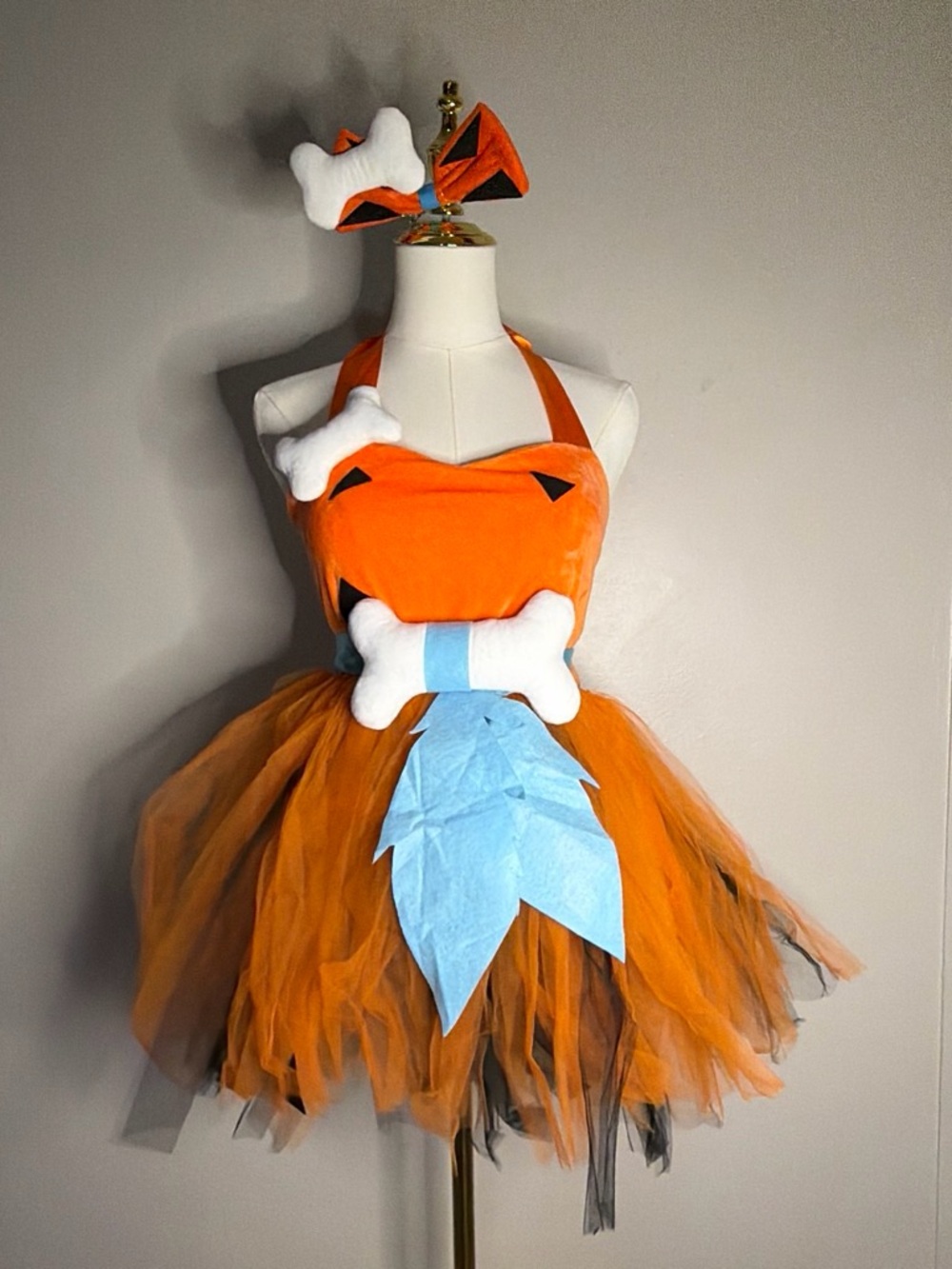 Orange Tutu Costume with Blue Accents and Plush Bones